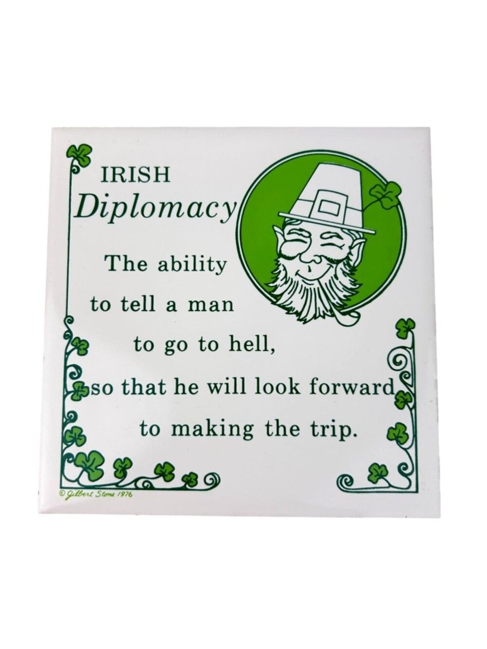 Vintage Gilbert Stone Irish Diplomacy Humor Quote Wall Tile Art Leprechaun READ